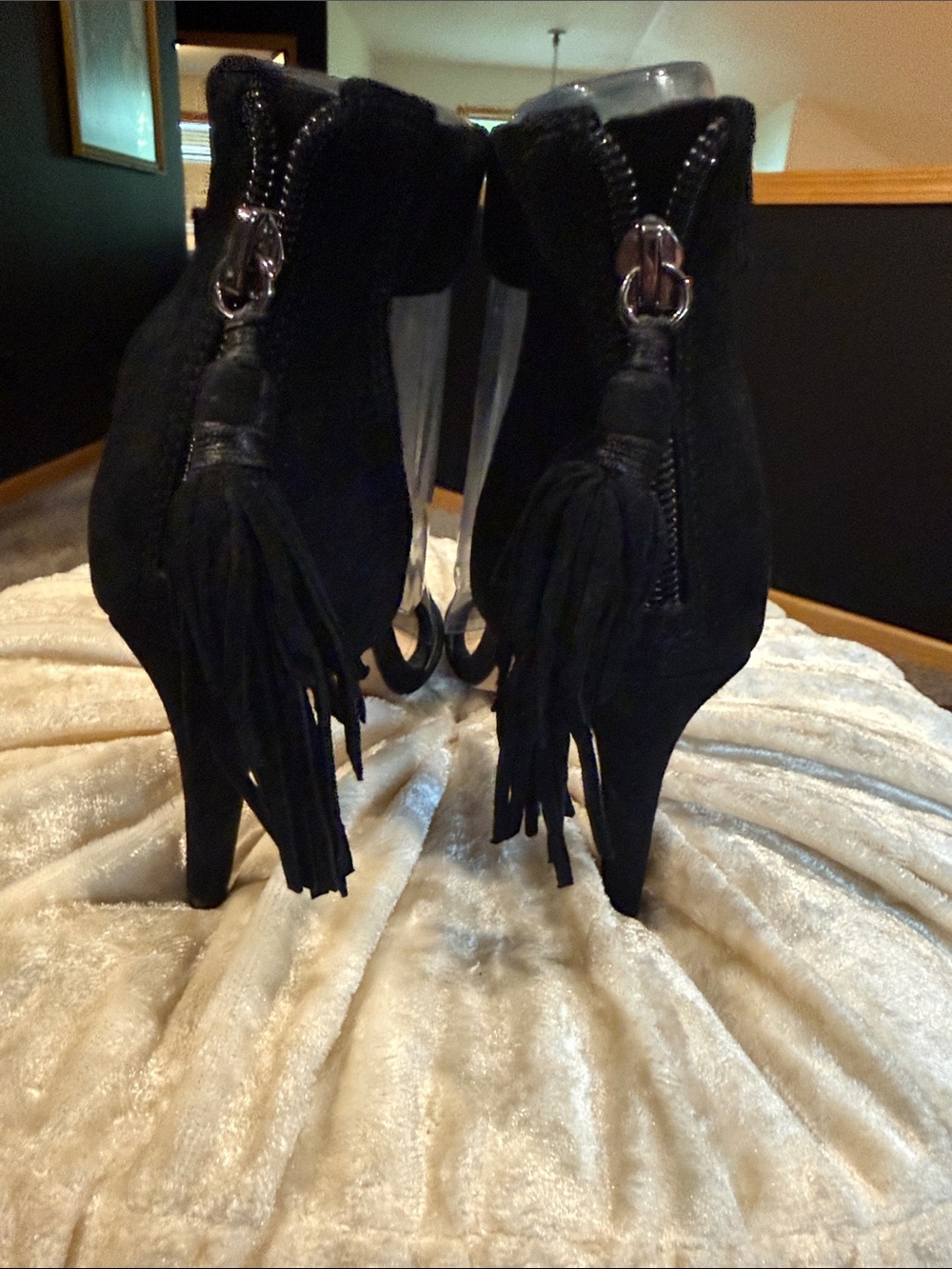 Vince Camuto Black Suede Open-Toe Tassel Heels - Picture 4 of 4
